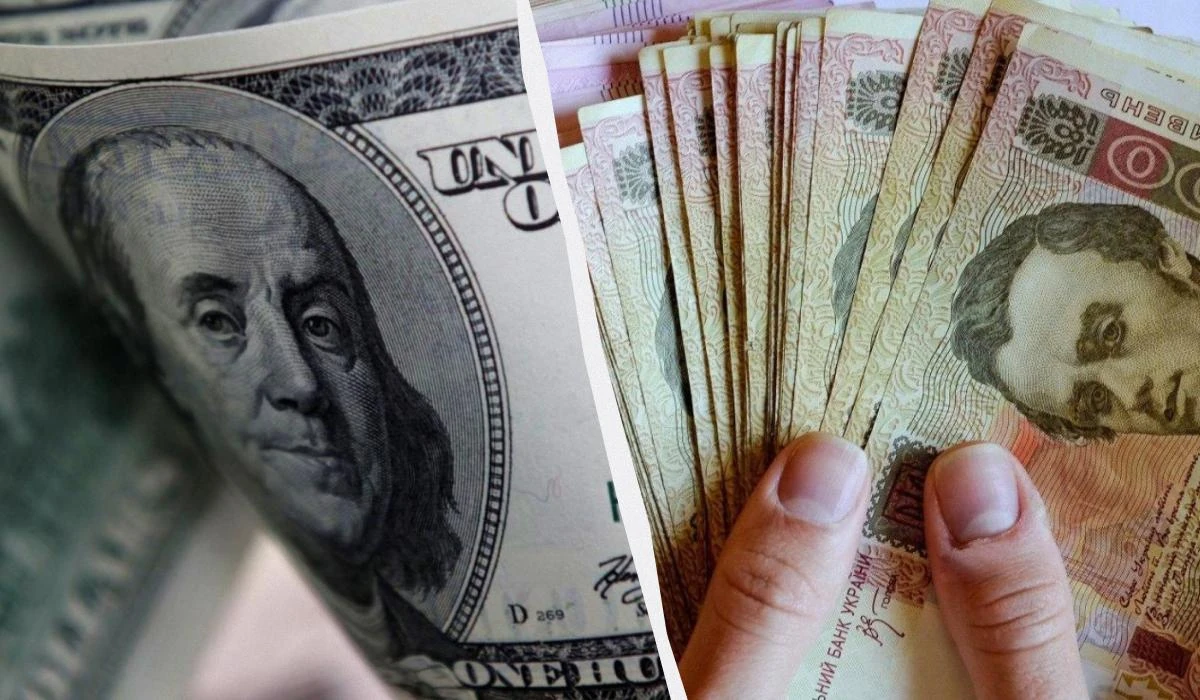Готівкові гривневі банкноти та монети поруч із доларовими купюрами на тлі курсу валют
